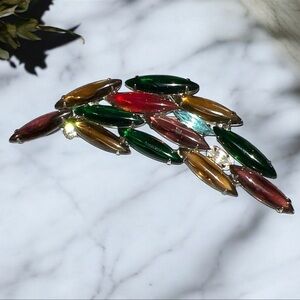 Multicolor Rhinestone Cabochon Leaf Open Back Brooch Silver Tone Signed Paris